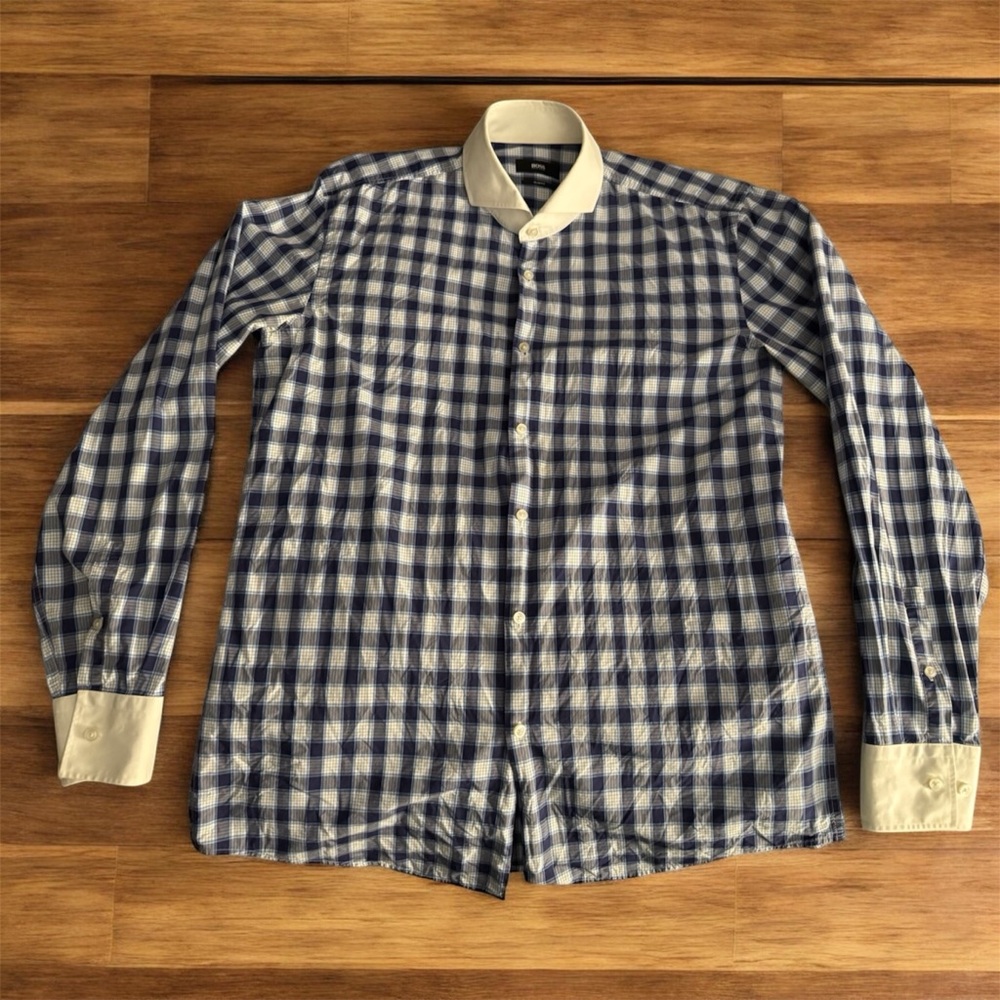 Hugo Boss Blue Check Dress Shirt with White Contrasting Collar